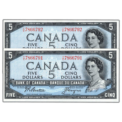 SOLD $5 1954 Bank of Canada Notes T/C Prefix BC-39a-i - 2 Consec UNC