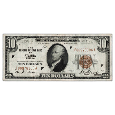 SOLD United States 1929 Atlanta, GA $10 Ten Dollars National Note Fr. 1860F - VF/EF