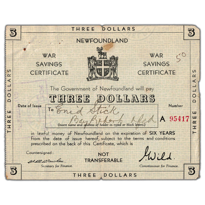 Newfoundland 1944 $3 Three Dollars War Savings Certificate