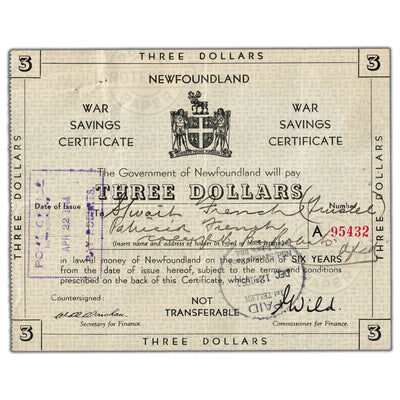 Newfoundland 1944 $3 Three Dollars War Savings Certificate