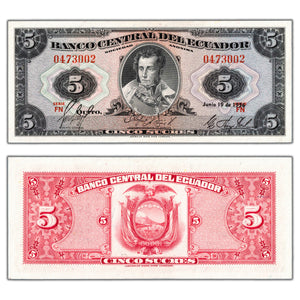 SOLD Ecuador 1956 5 Five Sucres Note P #100a - EF+