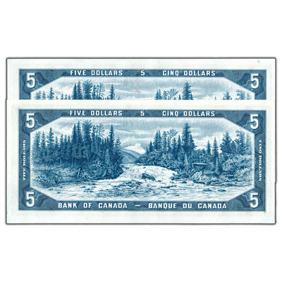 SOLD $5 1954 Bank of Canada Notes T/C Prefix BC-39a-i - 2 Consec UNC