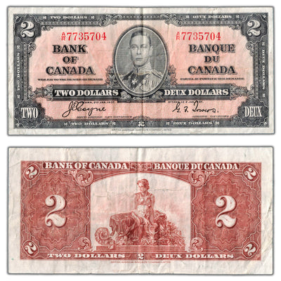 $2 1937 Bank of Canada Note Coyne-Towers A/R Prefix BC-22c - VF (edge tear)