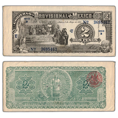 Mexico Gobierno Provisional 1916 2 Two Pesos Note - Holes