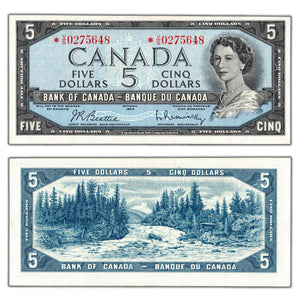 SOLD $5 1954 Bank of Canada Note *V/S Replacement Prefix BC-39bA - EF/AU