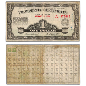 SOLD $1 1936 Alberta Prosperity Certificate Note Two Stamps A-1 - F-VF