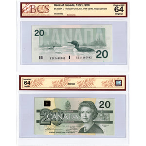 SOLD $20 1991 Bank of Canada Note EIX Replacement BC-58aA-i - BCS Ch UNC-64