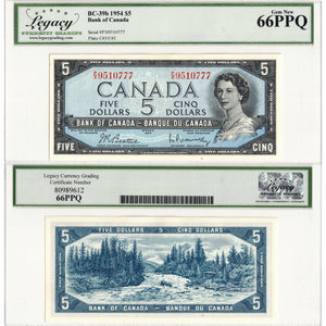SOLD $5 1954 Bank of Canada Note Beattie-Rasminsky P/X Prefix BC-39b - Legacy Gem UNC-66 PPQ