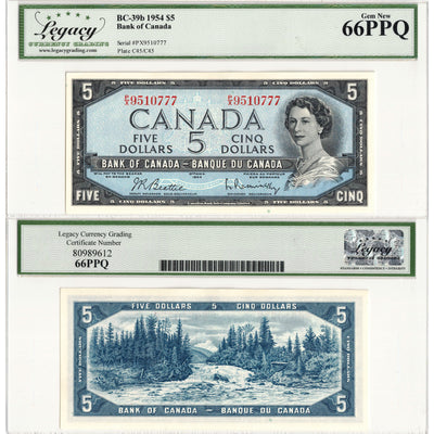 SOLD $5 1954 Bank of Canada Note Beattie-Rasminsky P/X Prefix BC-39b - Legacy Gem UNC-66 PPQ