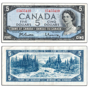 SOLD $5 1954 Bank of Canada Note Beattie-Rasminsky A/S Prefix BC-39b - Writing