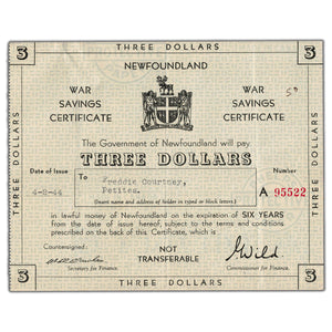 SOLD Newfoundland 1944 $3 Three Dollars War Savings Certificate