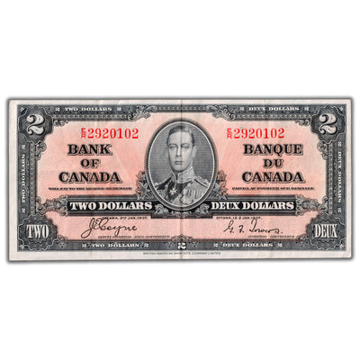 $2 1937 Bank of Canada Note Coyne-Towers E/R Prefix BC-22c - VF/EF