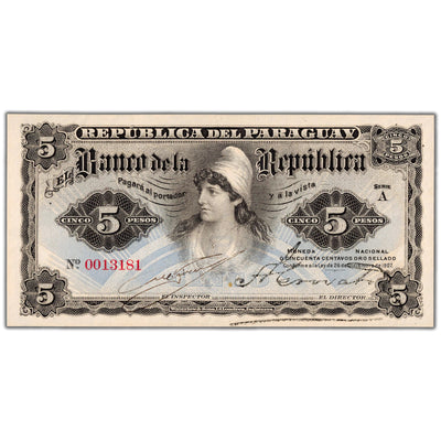 Paraguay 1907 5 Five Pesos Note P #156 - Choice Uncirculated