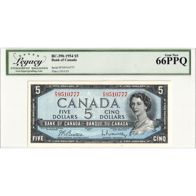 SOLD $5 1954 Bank of Canada Note Beattie-Rasminsky P/X Prefix BC-39b - Legacy Gem UNC-66 PPQ