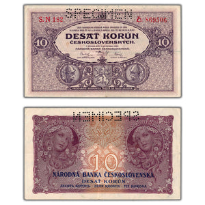 SOLD Czechoslovakia 1927 10 Korun Specimen Note P #20s - VF/EF
