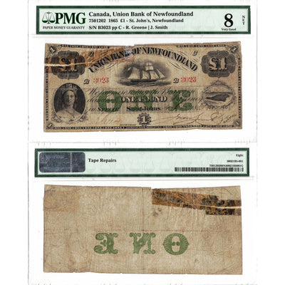 1 Pound 1865 Union Bank of Newfoundland Canada Chartered Note #750-12-02 - PMG VG-8 Net