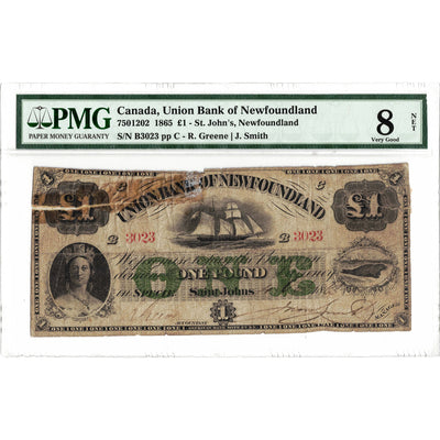 1 Pound 1865 Union Bank of Newfoundland Canada Chartered Note #750-12-02 - PMG VG-8 Net