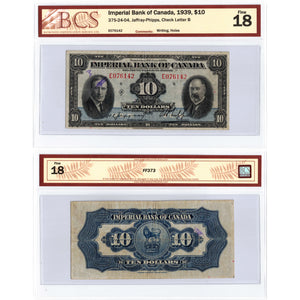SOLD $10 1939 Imperial Bank of Canada Chartered Note #375-24-04 - BCS F-18
