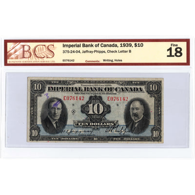 $10 1939 Imperial Bank of Canada Chartered Note #375-24-04 - BCS F-18