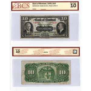 SOLD $10 1935 Bank of Montreal Canada Chartered Note #505-60-04 - BCS VG-10