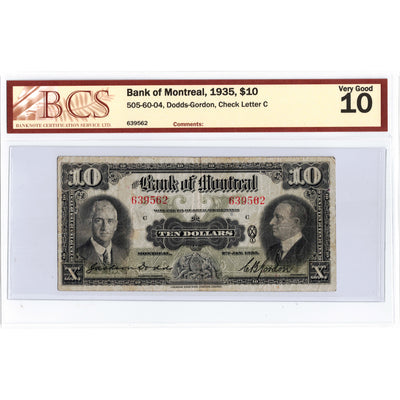 $10 1935 Bank of Montreal Canada Chartered Note #505-60-04 - BCS VG-10