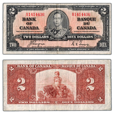 $2 1937 Bank of Canada Note Coyne-Towers K/R Prefix BC-22c - F/VF