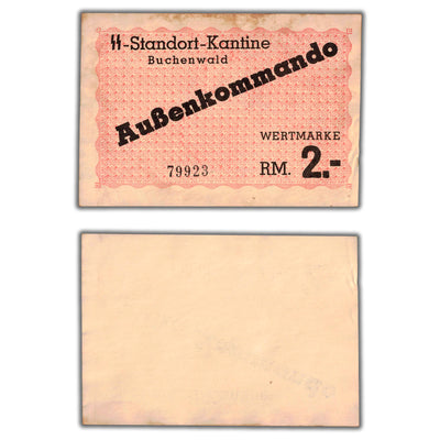 SOLD Germany 1944 WWII Buchenwald 2 Reichsmark Concentration Camp Note - Staining