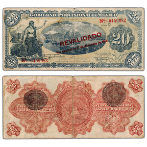 Mexico Gobierno Provisional 1914 20 Pesos Note with REVALIDADO Stamp - Circulated