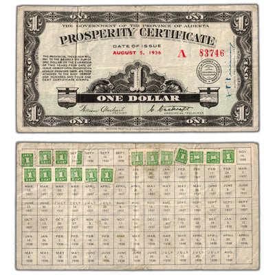 SOLD $1 1936 Alberta Prosperity Certificate Note 17 Stamps A-1 - VF