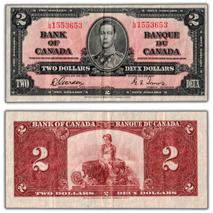 SOLD $2 1937 Bank of Canada Note Gordon-Towers L/B Prefix BC-22b - VF