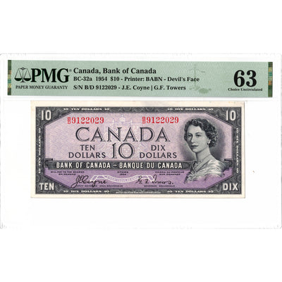 SOLD $10 1954 Bank of Canada Note Devil Face B/D Prefix BC-32a - PMG Ch UNC-63