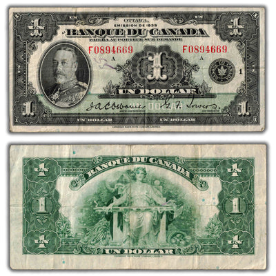 SOLD $1 1935 Banque du Canada Note French Text BC-2 - VF (writing)