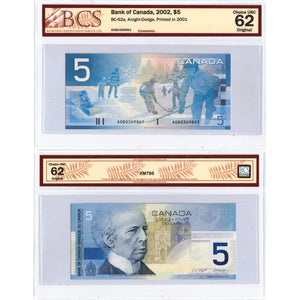 SOLD $5 2002 Bank of Canada Note Knight-Dodge AOB Prefix BC-62a - BCS Ch UNC-62