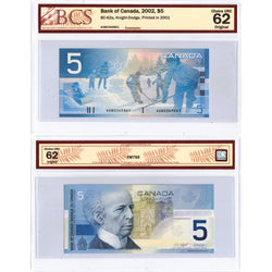 $5 2002 Bank of Canada Note Knight-Dodge AOB Prefix BC-62a - BCS Ch UNC-62