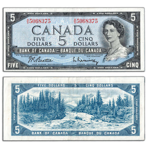 SOLD $5 1954 Bank of Canada Note Beattie-Rasminsky A/S Prefix BC-39b - VF/EF
