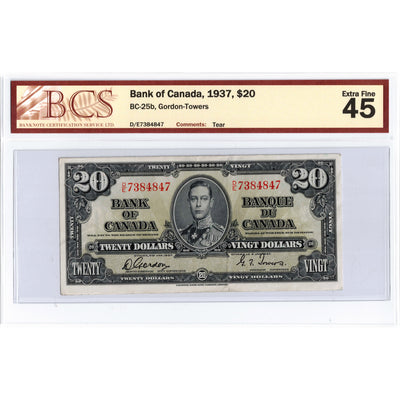 SOLD $20 1937 Bank of Canada Note Gordon-Towers D/E Prefix BC-25b - BCS EF-45