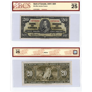SOLD $20 1937 Bank of Canada Note Gordon-Towers C/E Prefix BC-25b - BCS VF-25