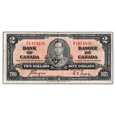 $2 1937 Bank of Canada Note Coyne-Towers K/R Prefix BC-22c - F/VF