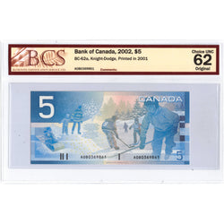 $5 2002 Bank of Canada Note Knight-Dodge AOB Prefix BC-62a - BCS Ch UNC-62