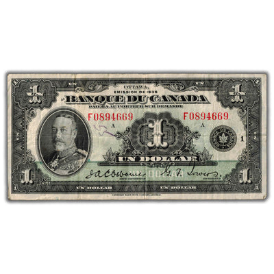 SOLD $1 1935 Banque du Canada Note French Text BC-2 - VF (writing)