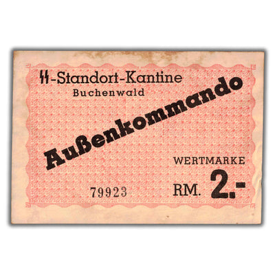 SOLD Germany 1944 WWII Buchenwald 2 Reichsmark Concentration Camp Note - Staining