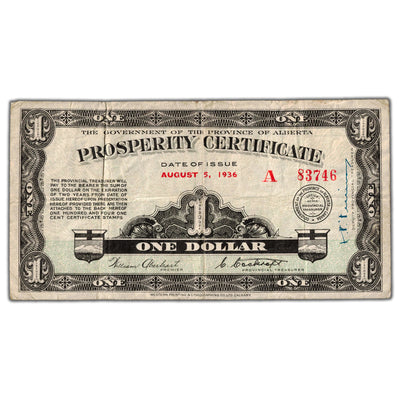SOLD $1 1936 Alberta Prosperity Certificate Note 17 Stamps A-1 - VF