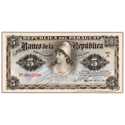 Paraguay 1907 5 Five Pesos Note P #156 - Choice Uncirculated