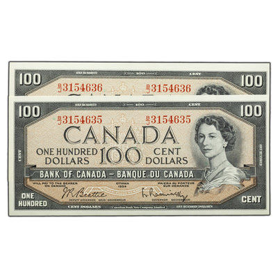 SOLD $100 1954 Bank of Canada Notes B/J Prefix BC-43b - Two Consecutive UNC