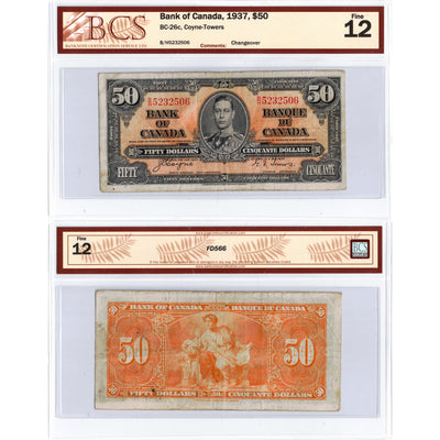 $50 1937 Bank of Canada Note Coyne-Towers B/H Prefix BC-26c - BCS F-12