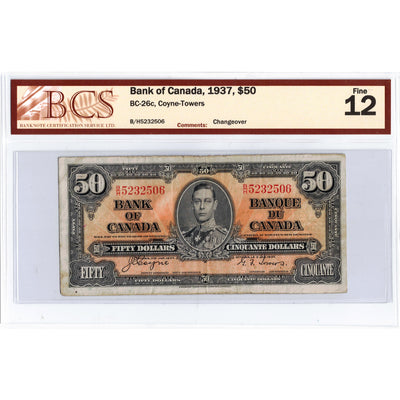 $50 1937 Bank of Canada Note Coyne-Towers B/H Prefix BC-26c - BCS F-12