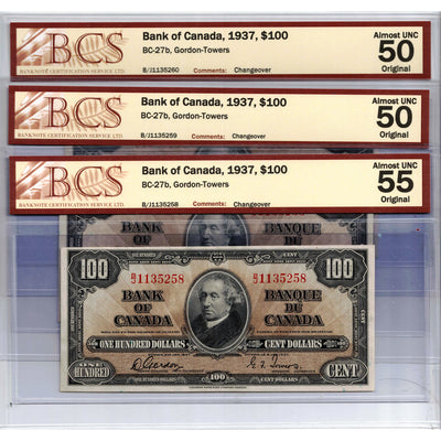 SOLD $100 1937 Bank of Canada Notes BC-27b - 3 Consecutive BCS AU-50/5