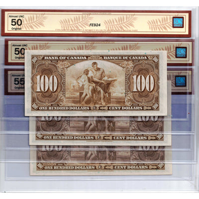 SOLD $100 1937 Bank of Canada Notes BC-27b - 3 Consecutive BCS AU-50/5