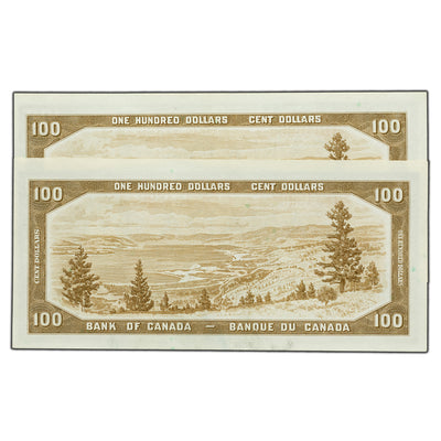 SOLD $100 1954 Bank of Canada Notes B/J Prefix BC-43b - Two Consecutive UNC