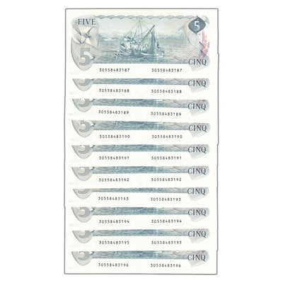 $5 1979 Bank of Canada Notes Crow-Bouey BC-53b - 10 Notes Consecutive - Ch UNC